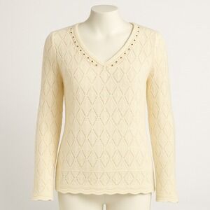 Lark Lane Bone Lace Knit V Neck Bell Long Sleeve Sweater M Coquette Dainty Fairy
